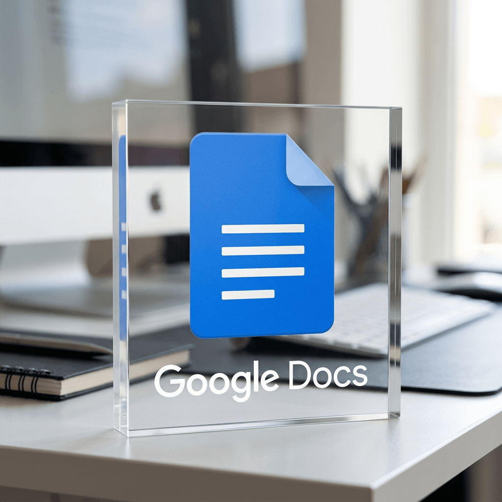 Google Docs logo and text displayed on a glass plaque